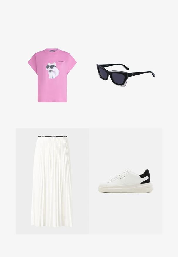 Tricou roz cu o pisică albă purtând ochelari de soare negri și zgardă, cu textul "Karl Lagerfeld" imprimat lângă pisică pe față.; Fustă plisată albă cu un brâu elastic negru, având logo-ul "LACOSTE". Design de lungime medie, cu textură moale.; Adidași din piele albă cu o talpă groasă albă, accent de călcâi din suede negru și logo embosat pe lateral. Design cu șireturi și șase orificii.; Ochelari de soare supradimensionați, negri, cu o formă geometrică, având lentile întunecate și un detaliu gri contrastant pe ramă. Logo pe braț.