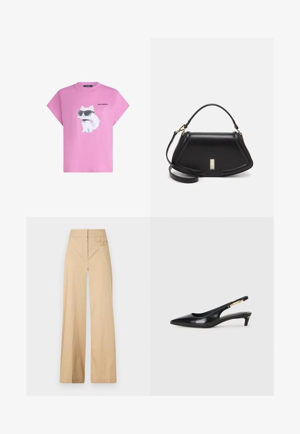 Rozā T-krekls ar baltu kaķi, kas valkā melnus saules brilles un kakla siksnu, blakus kaķim uz priekšpuses ir uzdrukāts teksts "Karl Lagerfeld".; Beige platajuma bikses, kas izgatavotas no kokvilnas maisījuma auduma. Tām ir gluda tekstūra, elastīga josta un sānu pogu detaļa.; Melnas ādas slingback zābaki ar smailu purngalu, ar šauru papēdi un zelta krāsas akcentu uz regulējama siksniņas. Gluda tekstūra.; Melnas ādas roku soma ar struktūru, ar īsu formu, augšējo rokturi un zelta aksesuāriem. Iekļauta regulējama plecu siksna.
