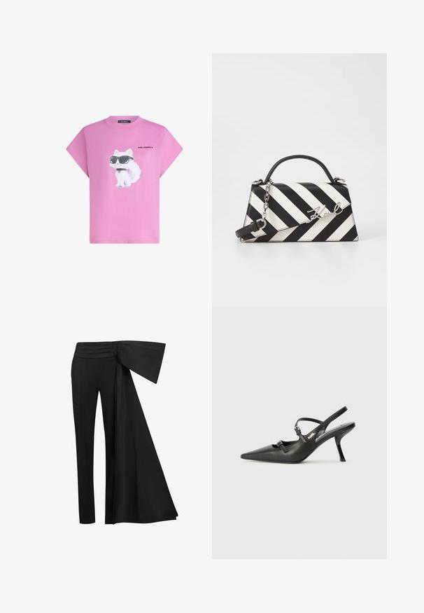 Camiseta rosa con un gato blanco que lleva unas gafas de sol negras y un collar, con el texto "Karl Lagerfeld" impreso al lado del gato en el frontal.; Pantalones negros con un ancho detalle de cinta drapeada en la cintura. Tejido suave, corte recto de pierna y cinturilla plisada.; Tacones slingback de cuero negro con punta afilada, tacón delgado y detalle decorativo de hebilla en la parte superior. Textura suave y diseño elegante.; Bolso de mano a rayas en blanco y negro con una forma estructurada, que cuenta con un asa superior, una correa de cadena desmontable y un acento de logo metálico.