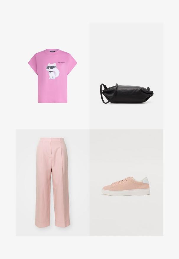 Rosa T-shirt med en vit katt som bär svarta solglasögon och krage, "Karl Lagerfeld" text tryckt bredvid katten på framsidan.; Ljust rosa byxor med vida ben, hög midja, framfickor och sömdetaljer i fållen. Tillverkade av mjukt, lättviktsmaterial.; Ljusrosa mockakänga med vit gummisula, rund tå och vit hälaccent. Har platta snören och minimal branding på sidan.; Svart läderkuvertväska med rektangulär form, slät yta, tunn axelrem och minimalistisk design.
