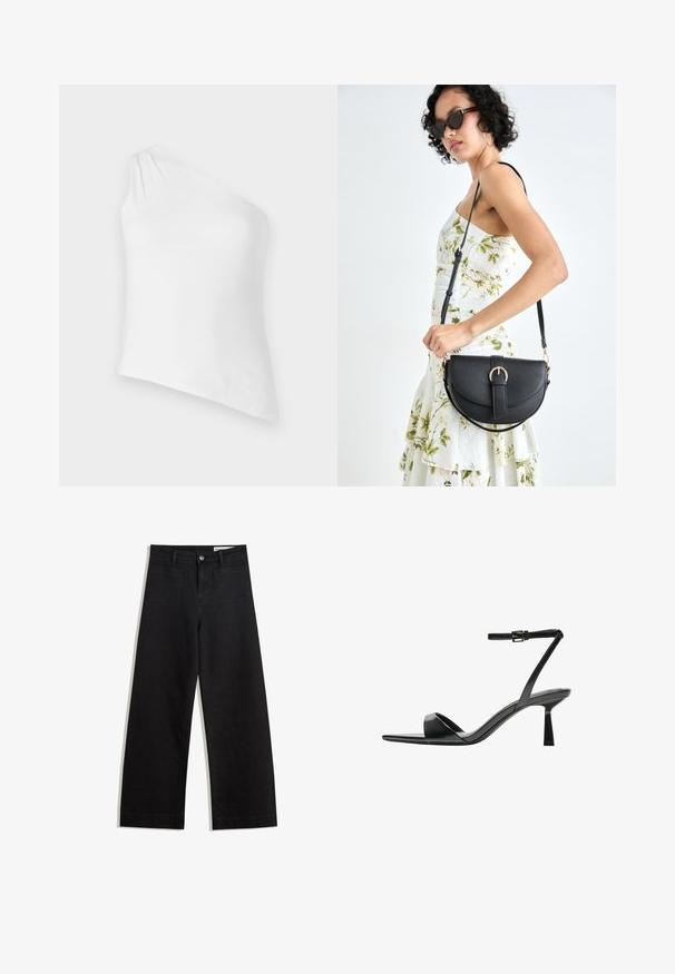 Asymmetrical white top, one shoulder design, made of smooth fabric. Features a subtle drape on the shoulder, fitted silhouette, and clean hem.; Black wide-leg denim pants with a high waist, featuring front and back pockets, stitched seams, and a button closure. Smooth texture.; Bershka High heeled sandals - black; Black leather handbag with a curved shape, detachable strap, and gold hardware. The bag features a flap with a buckle detail.