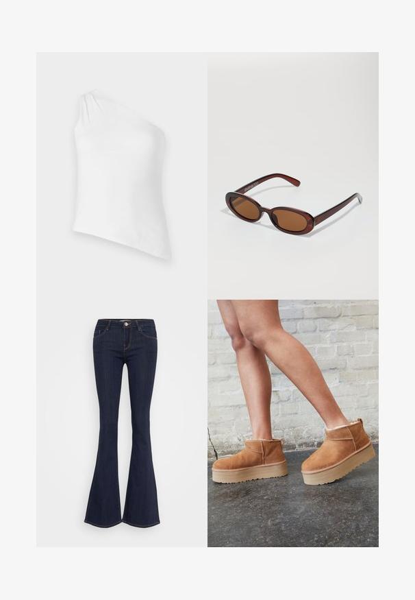 Top alb asimetric, cu un singur umăr, realizat dintr-un material neted. Prezintă o drapare subtilă pe umăr, o siluetă ajustată și un tiv curat.; Jeans flared din denim închis, cu talie ajustată, având închidere cu buton în față, design cu cinci buzunare și detalii de cusătură pe picioare.; Botine din suede maro, cu căptușeală moale, talpă platformă groasă de culoare bej și sistem de prindere în partea din spate. Suprafață texturată cu detalii de cusătură vizibile.; Ochelari de soare rotunzi, cu nuanțe de brown și cu un cadru lucios de burgund. Brațe subțiri cu detalii subtile de branding. Design cu lentile plate.