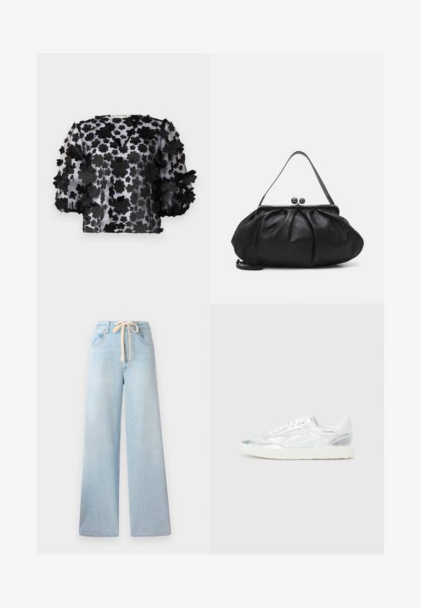 Black sheer blouse with a V-neck and puff sleeves, adorned with layered floral appliqués. Lightweight, textured fabric with a translucent appearance.; Light blue wide-leg jeans made from denim, featuring a drawstring waistband and classic five-pocket design with minimal fading.; White sneakers with metallic silver accents, smooth texture, round toe, flat sole, and traditional lace-up design.; Black leather handbag with a rounded, pleated design. Features a metallic clasp with two decorative balls and a slim, detachable strap.