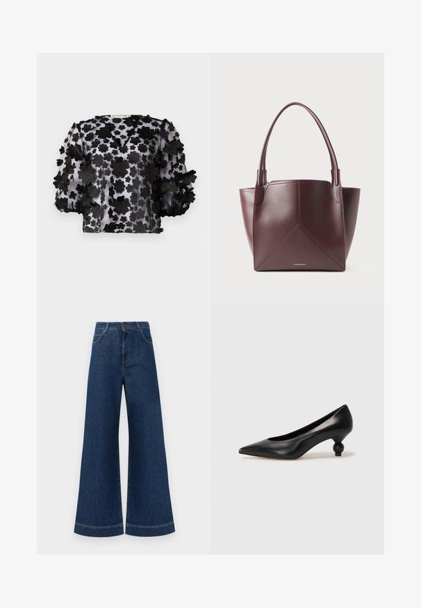 Juoda permatoma palaidinė su V formos iškirpte ir pūstomis rankovėmis, papuošta sluoksniuotomis gėlių aplikacijomis. Lengvas, tekstūruotas audinys su permatomu išvaizda.; Plati mėlynos džinsinės kelnės su aukštu liemeniu, turinčios mygtukų užsegimą, diržo kilpas ir subtilius siuvinėjimo akcentus ant kišenių bei apdailos.; Juoda odinė aukštakulnė bateliai su smailiu pirštu ir apvaliu, iškiliu kulnu. Lygus paviršius su elegantišku, minimalistiniu dizainu.; Tamsiai ruda odinė rankinė su dviem rankenomis ir geometriniu siuvinėjimu, ant dugno centro esantis nedidelis auksinės spalvos prekės ženklo užrašas.