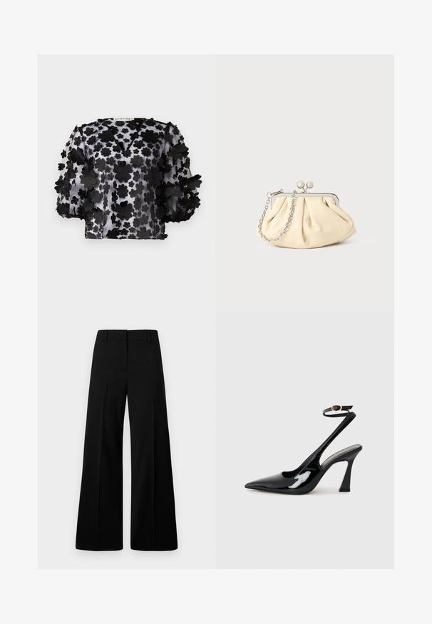 Crna prozirna bluzica s V-izrezom i puf rukavima, ukrašena složenim cvjetnim aplikacijama. Lagana, teksturirana tkanina s prozirnim izgledom.; Crne hlače širokih nogavica s glatkom teksturom, strukturiranim pojasom i prednjim nabranim detaljima. Minimalistički dizajn bez vidljivih metalnih dijelova.; Crne lakirane slingback cipele s visokom potpeticom, u obliku špice, s podesivim remenom oko gležnja i umjerenom blok-potpeticom. Glatka tekstura s sjajnim završetkom.; Nabrana bež kožna torbica s srebrnim metalnim okvirom, koja sadrži dva okrugla dekorativna kopčanja i srebrnu lančanu naramenicu.