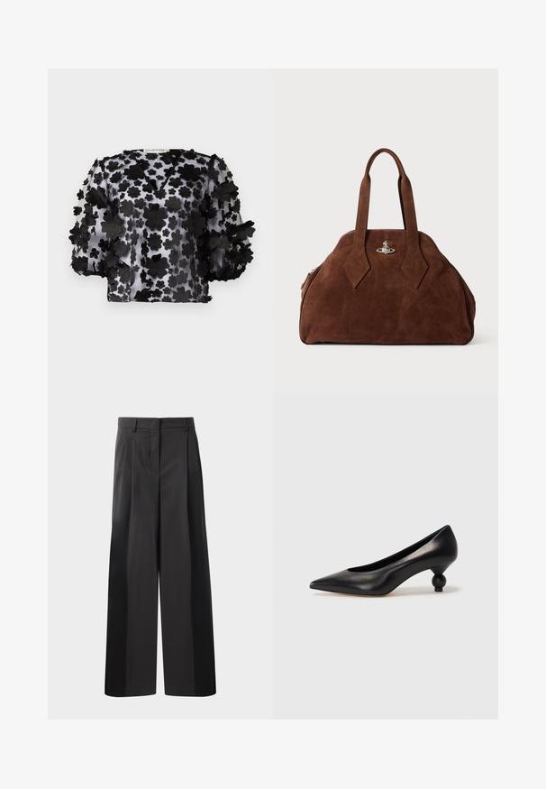 Melna caurspīdīga blūze ar V-veida kakla izgriezumu un puff piedurknēm, rotāta ar slāņainiem ziedu aplikācijām. Viegls, teksturēts audums ar caurspīdīgu izskatu.; Melni platajā kājās bikses ar augsto jostasvietu, kas ar priekšējiem krokām, gludu tekstūru un pielāgotu apdari. Veidotas relaksētai piegrieztei.; Melnas ādas augstpapēžu kurpes ar smailu purngalu un apaļu papēdi. Gluda tekstūra ar elegantu, minimālistisku dizainu.; Brūns zamšādas rokassoma ar strukturētu formu, noapaļotu korpusu un pagarinātām dimanta formas rokturiem. Aprīkota ar sudraba krāsas aizdari.