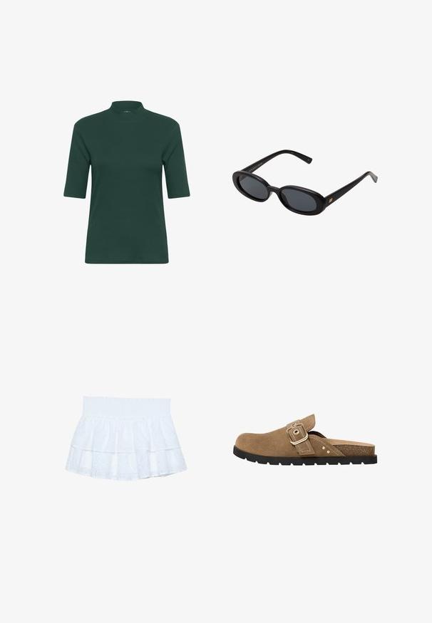 Dark green ribbed short-sleeve top with a high neck and a fitted silhouette. Smooth texture, minimalistic design, no visible patterns or accents.; White tiered skirt made of embroidered cotton with a smocked waistband. Features layered ruffles and eyelet patterns throughout.; Brown suede slide sandal with a rounded toe, adjustable buckle strap, and textured insole. Features a black rubber sole with ridges.; Black oversized sunglasses with oval lenses, smooth plastic frame, and gold accents on temple. Dark lenses provide sun protection.