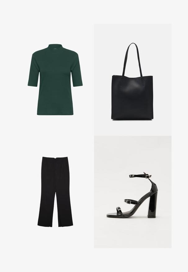 Dunkelgrünes, geripptes Kurzarmoberteil mit hochgeschlossenem Kragen und figurnaher Silhouette. Glatte Textur, minimalistisches Design, keine sichtbaren Muster oder Akzente.; Schwarze Hose mit geradem Schnitt, ausgestattet mit Fronttaschen und Seitenschlitzen am Saum. Hergestellt aus weichem, glattem Stoff. Geeignet für verschiedene Anlässe.; Schwarze patentierte Sandalen mit Absatz, quadratischer Spitze, Knöchelriemen und silbernen Schnallen. Mit einem stabilen Blockabsatz für mehr Stabilität.; Schwarze Laptoptasche aus Leder mit glatter Textur, rechteckiger Form und zwei langen Griffen. Keine sichtbaren Beschläge oder Verzierungen.