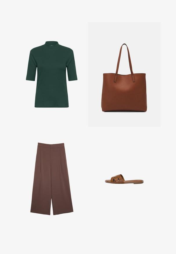 Top corto a maniche corte di un verde scuro a coste, con un collo alto e una silhouette aderente. Tessuto liscio, design minimalista, senza motivi o dettagli visibili.; Pantaloni ampi marroni con una texture liscia, caratterizzati da una vita alta e pieghe frontali. Il tessuto è leggero e scorre liberamente.; Sandalo in pelle marrone con fasce incrociate, suola piatta e una texture liscia. Design semplice senza decorazioni o motivi.; Borsa tote in pelle marrone con texture liscia, design con apertura superiore e due spallacci. Presenta cuciture minime e nessun hardware visibile.