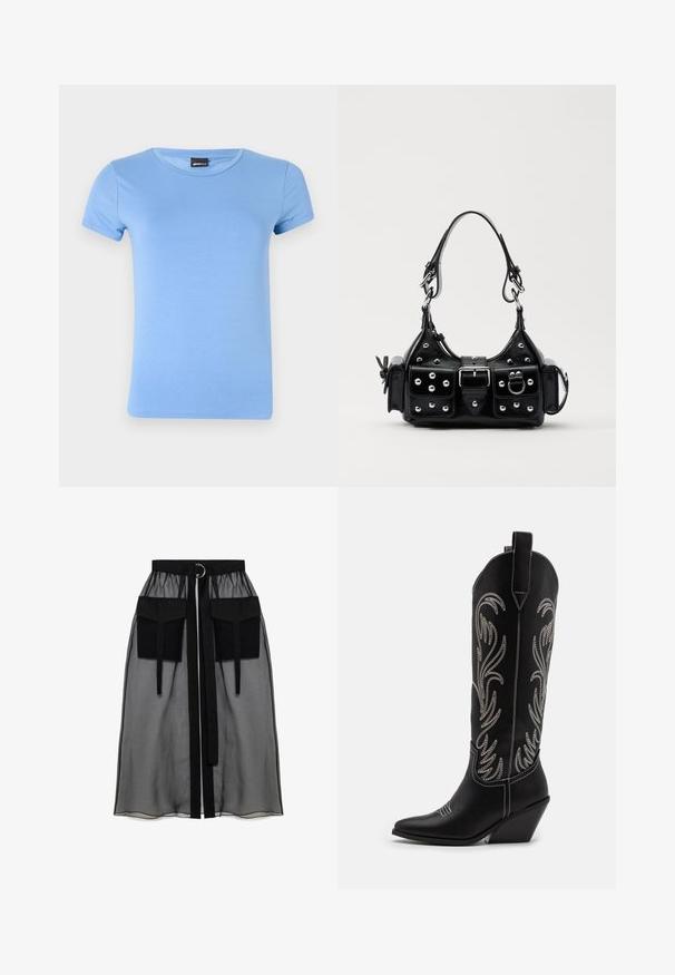 Hele sinine, lühikeste varrukatega t-särk pehmest kangast, millel on klassikaline ümmargune kaelus ja puhas, lihtne siluett.; Must mustriga seelik, millel on kogutud vöökoht, kaks suurt esitaskut, vöötie ja ringikujuline metallaktsent.; Mustad mustad nahast cowboy saapad terava ninaga, vööndkanna ja hõbedaste tikanditega lillemustritega varred. Kontrastõmblused üle kogu.; Must värvi nahast käekott, millel on kaarjas disain, hõbedased nupukesed, kinnitusahe ja kaks külgtaskut. Reguleeritav rihm erinevate kandmisvõimaluste jaoks.