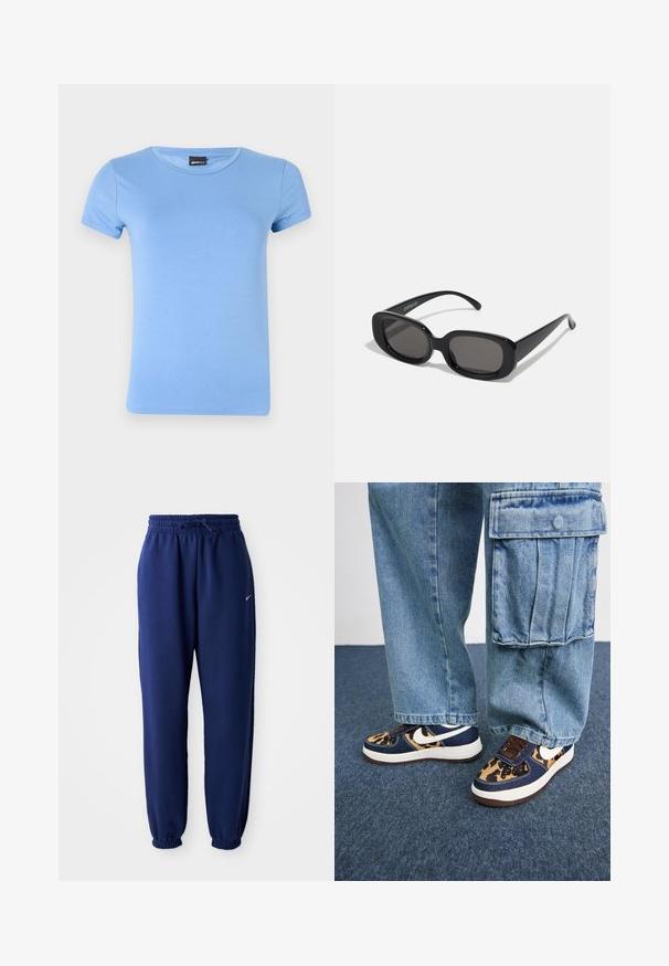T-shirt azul claro de mangas curtas feito de tecido suave, apresenta um decote redondo clássico e uma silhueta limpa e simples.; Calças de fato de treino azul marinho feitas de um tecido suave, com uma cintura elástica com cordão, punhos elásticos e um pequeno logótipo branco.; Sapatilhas azul-marinho com detalhes em padrão de leopardo, swoosh branco da Nike, atacadores castanhos e sola intermédia branca. Combinadas com calças cargo de denim claro.; Óculos de sol retangulares pretos com lentes escuras. Armação de plástico grosso, textura suave e bordas arredondadas. As hastes elegantes extendem-se para fora.