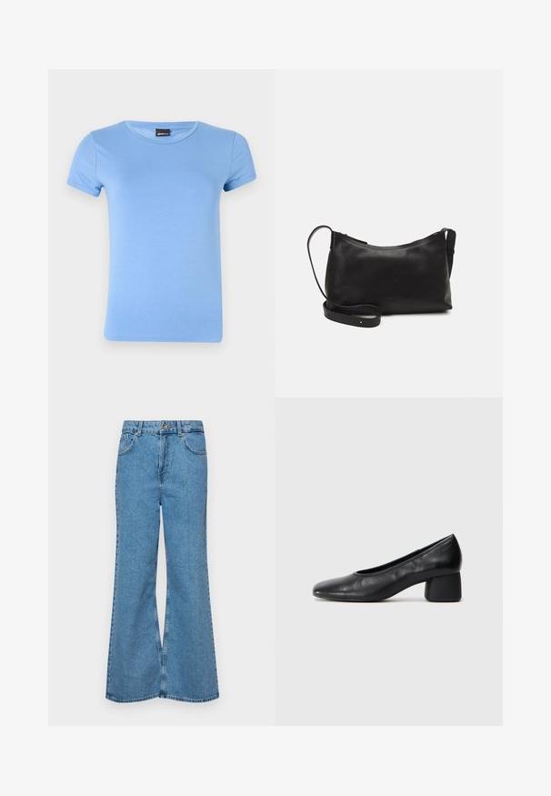 Light blue, short-sleeve t-shirt made of soft fabric features a classic round neckline and a clean, simple silhouette.; Light blue flared jeans made of denim, featuring a high waist, five pockets, and a single button closure. Soft texture with faded finish.; Black leather pump with a rounded toe and mid-block heel. Smooth texture with minimal detailing, featuring a subtle elastic opening.; Black leather shoulder bag with a smooth texture, curved shape, adjustable strap, and a zip closure. Minimalist design without embellishments.
