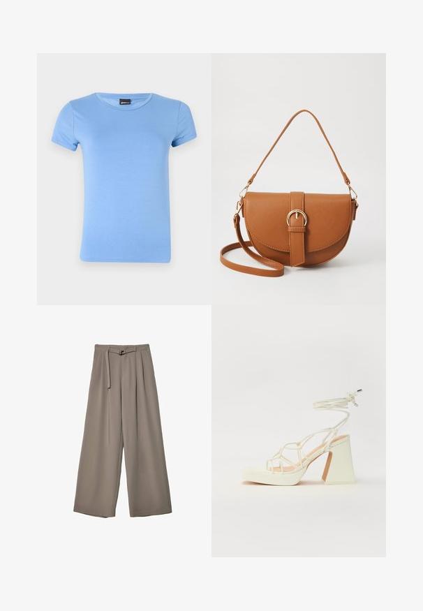 Světle modré tričko s krátkým rukávem vyrobené z měkké tkaniny má klasický kulatý výstřih a čistý, jednoduchý siluetu.; Kalhoty s širokými nohavicemi v měkké, tlumené šedé látce, s páskem v pase a sklady pro přidaný designový detail. Hladká textura, bez vzorů.; Bílé sandály na vysokém podpatku s robustním podpatkem, s designem s pásky a zavazováním kolem kotníku. Hladký povrch s platformou vpředu pro zvýšení výšky.; Hnědá kožená křížová taška s zakřiveným tvarem, zlatými detaily a akcentem s přezkou. Obsahuje odnímatelný popruh na rameno.
