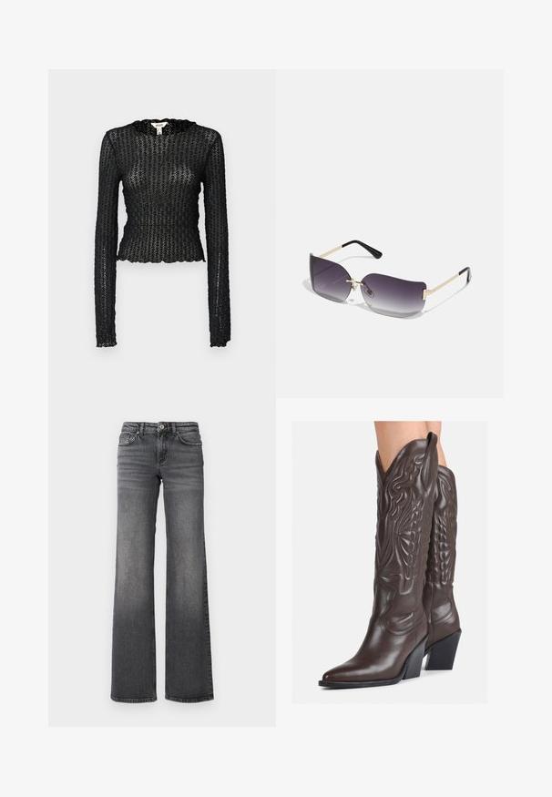 Fekete, hosszú ujjú felső textúrált csipkéből, fodros dekoltázzsal és testhez simuló, rövid szabással.; Egyenes szárú, sötétszürke farmernadrág enyhe kopással a combokon és standard öt zsebes kialakítással, fehér háttér előtt.; Barna bőr cowboy csizmák hegyes orral és blokk sarkal, részletes varrással és kiemelkedő díszítésekkel a szárán.; Szürke átmenetes lencséjű napszemüveg, aranyszínű fémkeret és fekete műanyag elemek. Egyedi pillangó alakú lencsék vékony szárakkal.