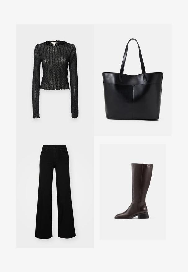 Svart langermet topp laget av teksturert blonder, med en bølget halslinje og tettsittende design med en kort silhuett.; Svart vide bukser laget av denim, med en strukturert midjebånd, beltestropper og frontlommer. Glatt tekstur med et klassisk design.; Knæhøye brune lærstøvler med glatt finish, rundt tå og stablet svart hæl. Enkelt design med minimale maskinvaredetaljer.; Svart lær toteveske med to lange håndtak, en glatt tekstur og en strukturert form. Har en frontlomme for ekstra oppbevaring.