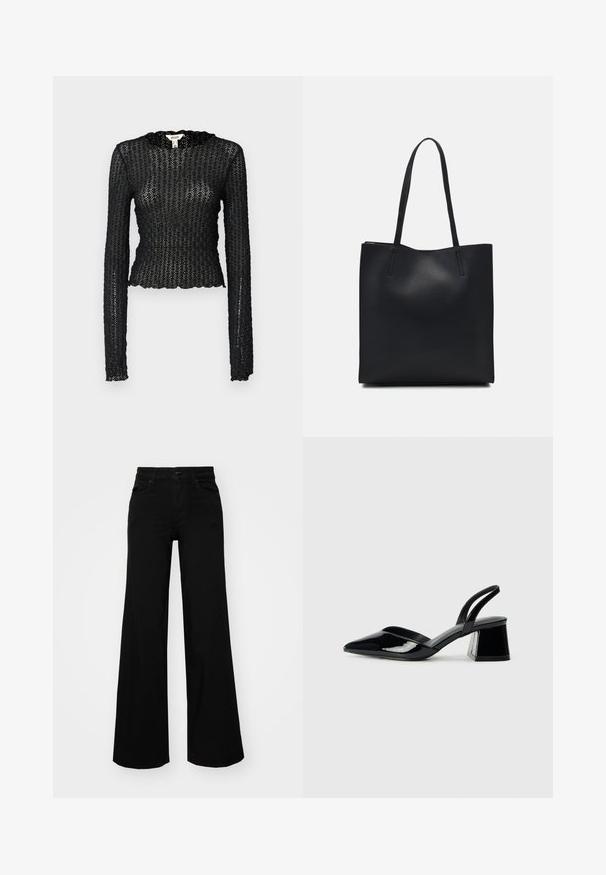 Top negru cu mânecă lungă, realizat din dantelă texturată, având un decupaj la gât în formă de val și un design ajustat cu o siluetă scurtă.; Pantaloni negri cu picioare largi, din denim, cu un brau structurat, bucle pentru curea și buzunare frontale. Textură netedă, cu un design clasic.; Pantofi cu toc slingback din piele lacuită neagră, cu vârf ascuțit și toc geometric. Prezintă un design elegant, minimalist și o textură netedă.; Geantă tote neagră din piele, cu textură netedă, formă rectangulară și două mânere lungi. Fără hardware vizibil sau ornamente.