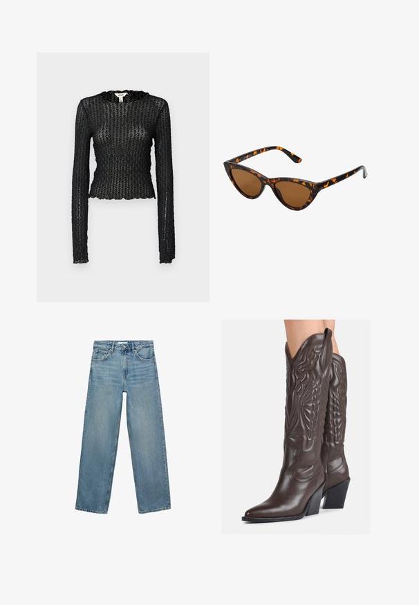 Schwarzes Langarmoberteil aus strukturiertem Spitzenstoff, mit einem gewellten Ausschnitt und einer engen Passform im kurvenreichen Schnitt.; Hellblaue Jeans aus Denim mit geradem Bein, hoher Taille, fünf Taschen und Kontrastnähten. Keine Verzierungen oder Muster vorhanden.; Braune Leder-Cowboy-Stiefel mit spitzem Punkt und Blockabsatz, die über detaillierte Stickereien und hervorgehobene Akzente am Schaft verfügen.; Katzenaugen-Sonnenbrille mit einem schwarz-orangenen Schildpattrahmen, braunen Gläsern und schlanken, spitzen Enden. Verfügt über ein minimalistisches Logo am Bügel.