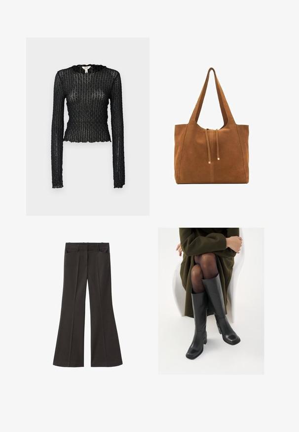 Czarna bluzka z długim rękawem, wykonana z teksturowanej koronki, z falbaniastym dekoltem i dopasowanym krojem o skróconym fasonie.; Czarne spodnie z szerokimi nogawkami i wysokim stanem; posiadają dwie przednie kieszenie oraz gładką teksturę materiału. Idealne na różne okazje.; Kozaki skórzane do kolan w kolorze czarnym, z kwadratowym noskiem i słupkowym obcasem, pokazane na modelce siedzącej w oliwkowej zielonej kurtce. Gładka tekstura, minimalne detale.; Brązowa torba tote z zamszu z dwoma długimi paskami, zamknięciem na sznurek i minimalistycznym wzornictwem. Gładka tekstura i brak widocznych akcentów metalowych.