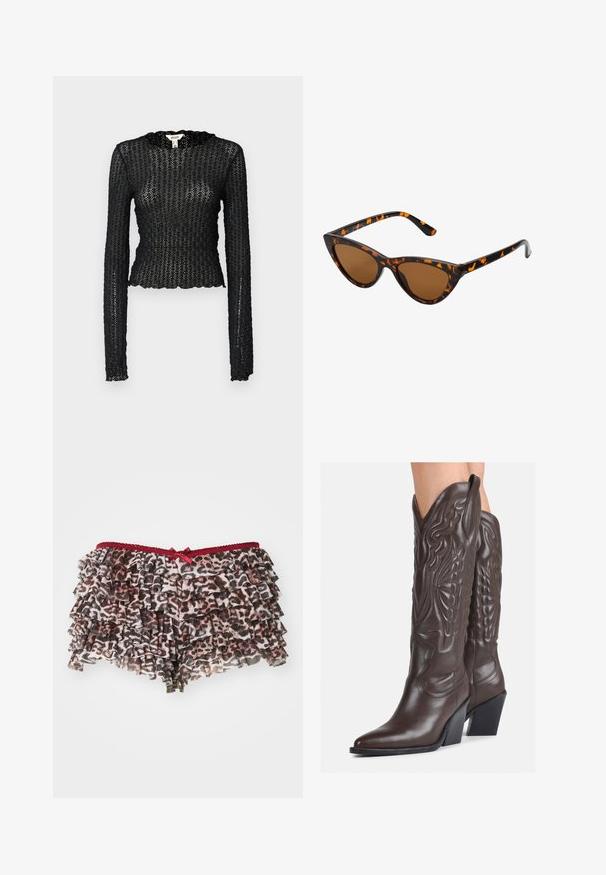 Must natukaga mustriga pitsist, millel on laineline kaelus ja sobiv disain, millel on lühike siluett.; Lillelille leopardimustriga lühikesed püksid kihiliste rüüdega, millel on punane pitsist vöökoht ja väike paeltekk ees.; Pruunid nahast cowboy saapad terava varbaga ja plokk-kandaga, millel on detailne tikand ja kergelt tõstetud aktsendid varrel.; Kassi vormiga prillid musta ja oranži kilpkonnakujulise raami, pruunide läätsede ja elegantsete teravate otstega. Templi juures on minimaalne logo.