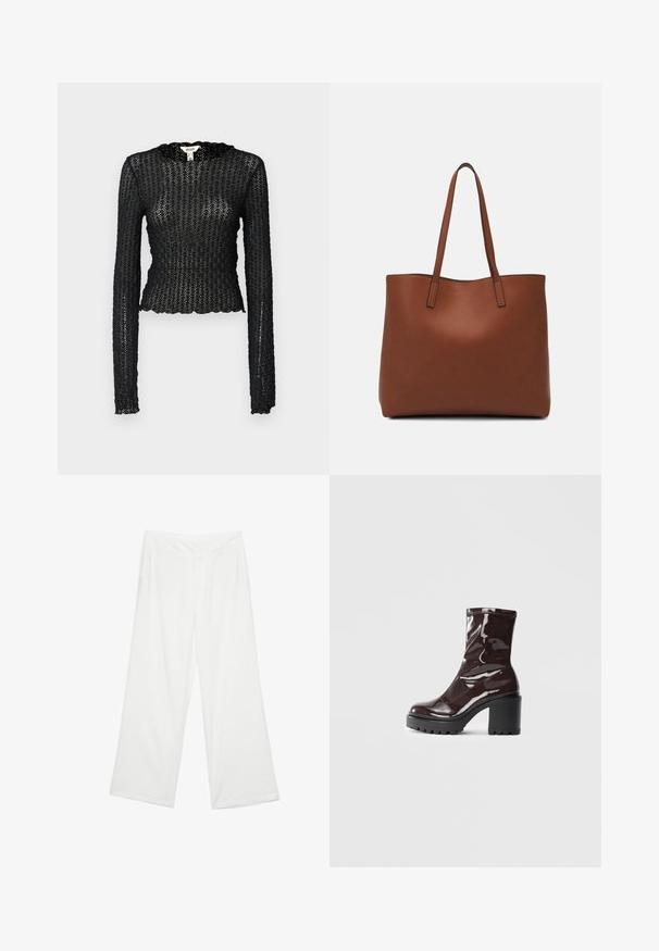 Mustat pitkät hihaiset puserot, jotka on valmistettu teksturoidusta pitsistä, jossa on aaltoileva kaula-aukko ja tiukka malli, joka on lyhyttä siluettia.; Valkoiset leveälahkeiset housut, joissa on sileä rakenne, etutaskut ja klassinen vyötärö vyölenkeillä.; Satea bordeaux berwarna mengkilap dengan tumit hitam tebal, menampilkan tekstur halus dan desain sederhana. Tanpa pengikat atau pola yang terlihat.; Ruskea nahkainen olkalaukku, jossa on sileä pinta, avoin yläosa ja kaksi olkahihnaa. Omaavat vain minimaalisen ompelun eikä näkyvää metalliosaa.