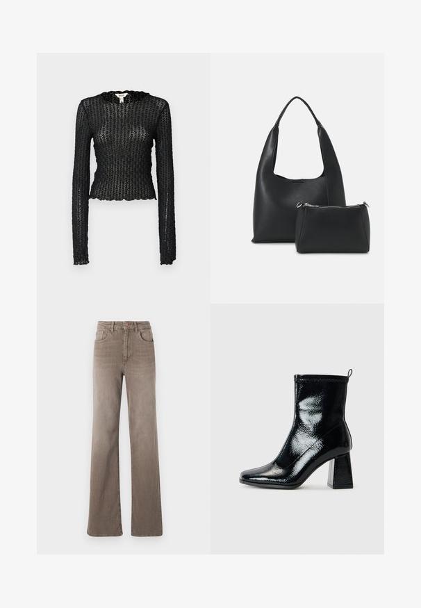 Črn dolg rokav vrh, izdelan iz teksturirane čipke, s skodranim izrezom in prilegajočim krojem ter skrajšano silhueto.; Rjavi visoki naramnice z ravnimi hlačnicami in sprednjim gumbom, z zanko za pas in klasičnim petim žepnim dizajnom na beli podlagi.; Črne lakaste gležnjarice s kvadratnim nosom in masivnim geometrijskim petam. Imajo gladko, sijočo teksturo in zadaj potegovalno zanko za enostavno obuvanje.; Even&Odd Torbica - black