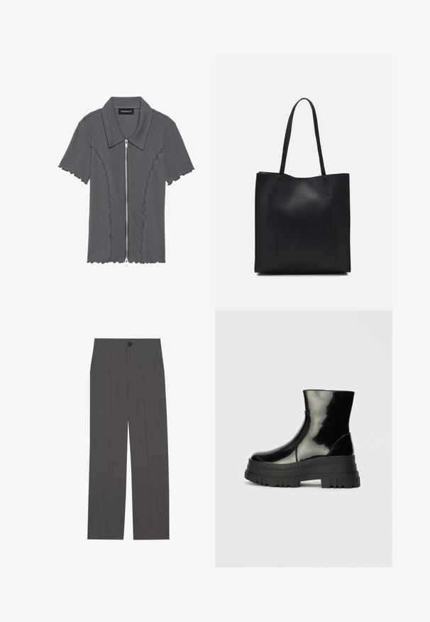 Chemise grise à manches courtes avec fermeture éclair et ourlet festonné. Présente une texture côtelée et un col. Étiquette de la marque : even&odd.; Pantalons gris avec une coupe droite, comprenant deux poches latérales et une fermeture à bouton. Tissu lisse sans motifs ni accents visibles.; Bottines noires brillantes avec semelle lugg épaisse et bout rond, vue de côté sur un fond gris clair uni.; Sac fourre-tout en cuir noir avec une texture lisse, de forme rectangulaire et deux longues poignées. Pas de matériel ou d'ornementations visibles.