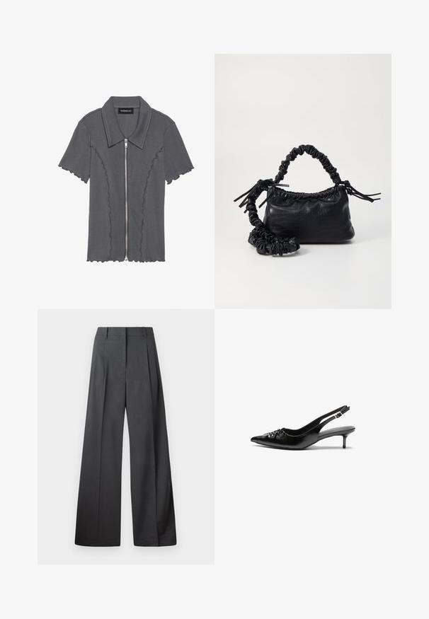 Camisa cinza de manga curta com fecho zip e bainha em ondas. Possui textura canelada e colarinho. Etiqueta da marca: even&odd.; Calças de perna larga em tecido cinza escuro, apresentando uma cintura alta, pregas simples e uma textura suave com um acabamento limpo nas bainhas.; Sapatos de salto alto slingback em couro preto com bico fino, pequeno salto kitten e um detalhe decorativo em forma de nó na parte da frente. Textura suave em toda a parte.; Bolsa de mão em couro sintético preto com textura de crocodilo, topo franzido e alça enrugada. Apresenta um design suave e compacto.