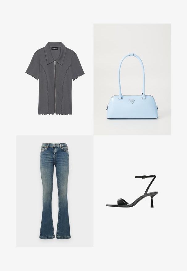 Siva majica s kratkimi rokavi z zadrgo in valovitim robom. Ima rebrasto teksturo in ovratnik. Blagovna znamka: even&odd.; Modri razširjeni džinsi iz denima, z bledečimi barvami, petimi žepi, zapiranjem na gumb in dekornim šivi na pasu.; Bershka Sandali z visoko peto - black; Svijetloplavi ručni torbica s strukturiranim oblikom, glatkim kožnim materijalom, dvije ručke i trokutastim logotipom brenda na prednjoj strani. S zatvaračem.