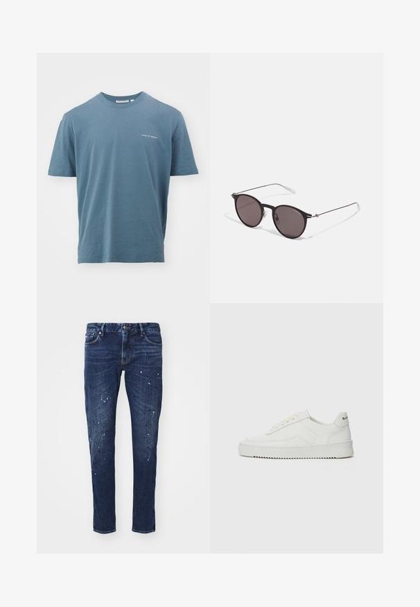 Tiger of Sweden PRO - Lihtne T-särk - blue; Tumed sinised teksad kitsas lõikega, millel on värvivired, nähtavad õmblused ja tavaline viie tasku disain. Sirge sääre lõige.; Valge nahast tennis, millel on sile põhi, ümar varvas, lamedad nöörid ja tekstuuriline tall. Sisaldab diskreetset logo kontsaribal.; Mustad mustad prillid tumedate läätsedega ja õhukeste metallist käepidemetega. Kaarja kujuga seljaosa ja hõbedased aktsendid hingel. Minimalistlik disain.