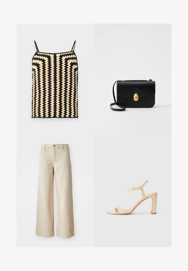 By Malene Birger DORIA - Top - black/white; Jeans largos beige feitos de denim, com cintura alta, fecho de botão, passantes para cinto e bolsos laterais. Textura suave e corte descontraído.; Sandal de salto alto bege com correia no tornozelo e fivela dourada, bico aberto e salto bloco, sobre um fundo branco.; Bolsa de mão em couro preto com uma forma rectangular estruturada. Apresenta um fecho oval dourado e uma alça para o ombro fina. Textura suave.