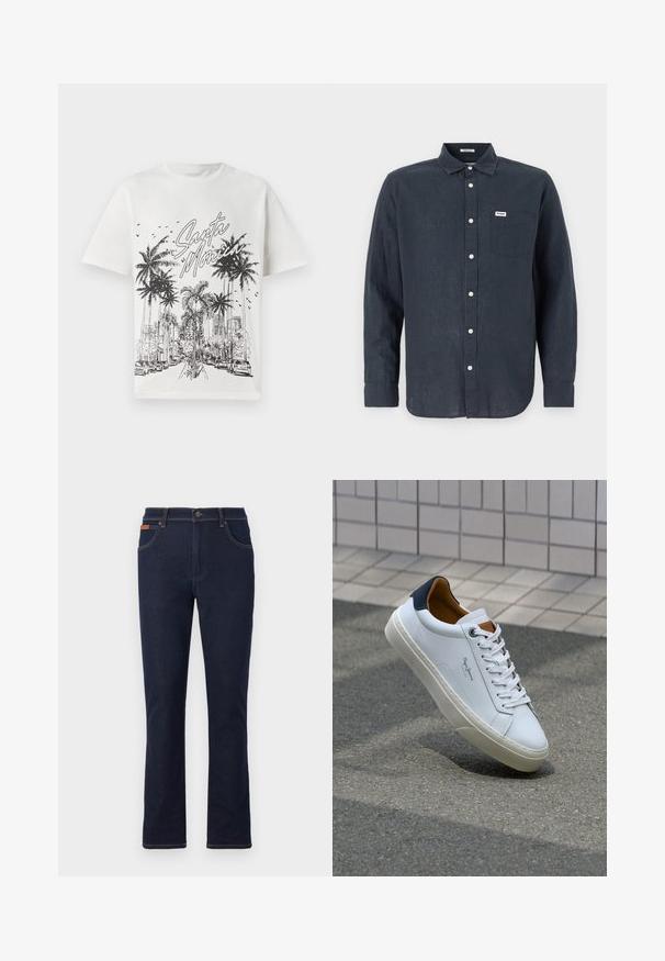 Weißes Baumwoll-T-Shirt mit einem schwarzen Grafikdruck von Palmen und einer Stadtsilhouette, beschriftet mit "Santa Monica". Kurze Ärmel, Rundhalsausschnitt.; Dunkelblaues Langarmhemd aus Leinen mit Button-Down-Kragen, Fronttasche und weißen Knöpfen. Wrangler-Logo auf der Tasche.; Dunkelblaue Jeans mit geradem Beinschnitt, ausgestattet mit orangefarbenen Nähten, fünf Taschen und einem Knopfverschluss an der Taille.; Weiße Ledersneaker mit navyfarbenem Fersenbereich, runder Zehenpartie und kontrastierenden braunen Akzenten. Verfügt über flache Schnürsenkel und eine strukturierte Gummisohle.
