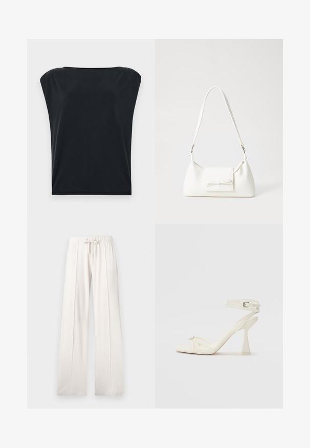 Črn kratkoshotni top s sproščenim krojem, narejen iz gladkega, mehkega materiala in širokega okroglega izreza. Preprost, minimalističen dizajn.; Svetlo bež trenirke, izdelane iz mehkega blaga, s punch rezom v pasu, širokimi nogami in vertikalnimi šivi ter gladko teksturo.; Sandal z visoko peto z naramnicami v beli usnjeni izvedbi s popolnim dizajnom, prozorno blok peto in dekorativnim elementom na prstih.; Bela sintetična torbica v obliki trikotnika, z ravnim sprednjim poklopcem in detajlom mašne, nastavljivim trakom, gladko teksturo in minimalističnim dizajnom.