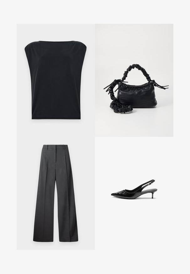 Black short-sleeve top with a relaxed fit, featuring smooth, soft fabric and a wide round neckline. Simple, minimalistic design.; Wide-leg trousers in dark gray fabric, featuring a high waist, single pleats, and a smooth texture with a clean finish at the hems.; Black leather slingback heels with a pointed toe, small kitten heel, and a decorative knot detail on the front. Smooth texture throughout.; Black faux leather handbag with a crocodile texture, cinched top, and a scrunched strap. Appears soft and compact in design.