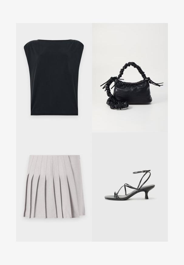Fekete, rövid ujjas felső, laza szabással, sima, puha anyagból, széles, kerek nyakkivágással. Egyszerű, minimalista dizájn.; Szürke pliszírozott szoknya sima textúrával, több függőleges redővel és testre simuló derékkal. Könnyű anyagból készült.; Fekete magassarkú szandál vékony pántokkal, nyitott orrú kialakítással és kis, halkón borított sarokkal. Az anyag simának és fényesnek tűnik.; Fekete műbőr kézi táska krokodil bőr textúrával, összehúzható tetejű és gyűrt pánttal. Lágy és kompakt dizájnúnak tűnik.