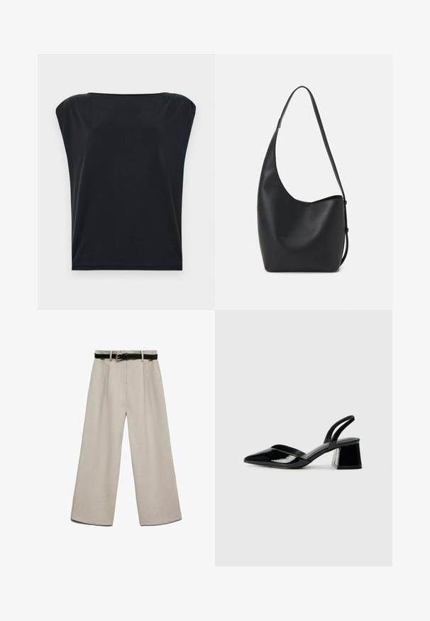 Črn kratkoshotni top s sproščenim krojem, narejen iz gladkega, mehkega materiala in širokega okroglega izreza. Preprost, minimalističen dizajn.; Bež široke hlače z gladko teksturo, naborki spredaj in črnim pasom s srebrno zaponko za zapiranje.; Črne lakirane slingback pete s koničastim nosom in geometrijsko blokasto peto. Imajo eleganten, minimalističen dizajn in gladko teksturo.; Črna usnjena hobo torba z gladko teksturo, ukrivljeno obliko in eno nastavljivo naramnico; ima širok odprtina na vrhu.