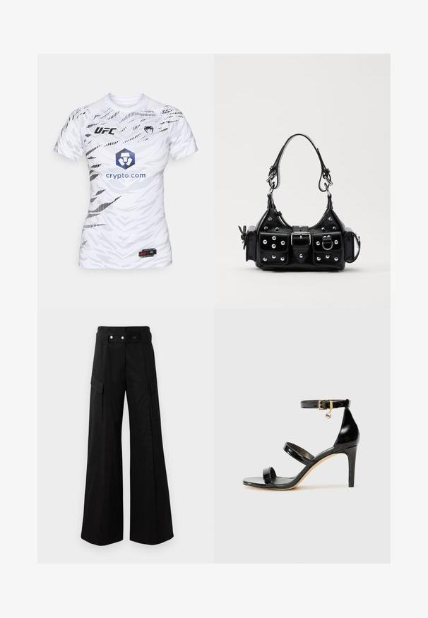 Fehér, rövid ujjú sportpóló geometrikus mintával. Jellemzői az UFC logó, kék hatszög grafika a "crypto.com" felirattal, valamint fekete részletek.; Fekete, bő szárú nadrág magas derékkal, nagyméretű oldalsó zsebekkel, két elülső gombbal és hurok részlettel. Tartós anyagból készült.; Fekete lakk bőr szandál három pánttal, bokapánttal és 10 cm magasságú tűsarokkal. Arany színű részletekkel és logó charm-mal rendelkezik.; Fekete bőr kézitáska ívelt designnal, ezüst szegecsekkel, csattal és két oldalsó zsebbel. Állítható vállpánt a hordozási lehetőségekhez.