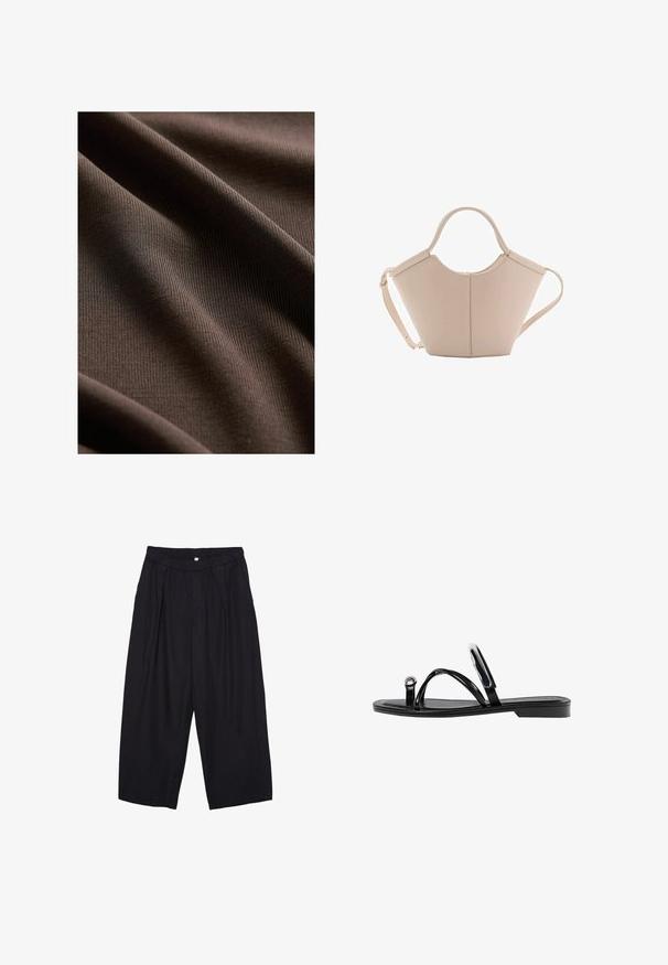 Next REGULAR FIT - SLEEVLESS - Top - chocolate brown; Črne poliesterske culotte hlače z elastičnim pasom, dvema sprednjima nabiranjema in ohlapnim krojem. Brez vidnih vzorcev ali kovinskih detajlov.; Črne ravne sandale s sijajno končno obdelavo, tremi tankimi trakovi in okroglo kovinsko podrobnostjo na prstih. Elegantna zasnova z minimalnim peto.; Bežna usnjena torbica edinstvene oblike, z dvema kratkima ročajema in dolgim nastavljivim trakom. Gladka tekstura z minimalno kovinsko opremo.