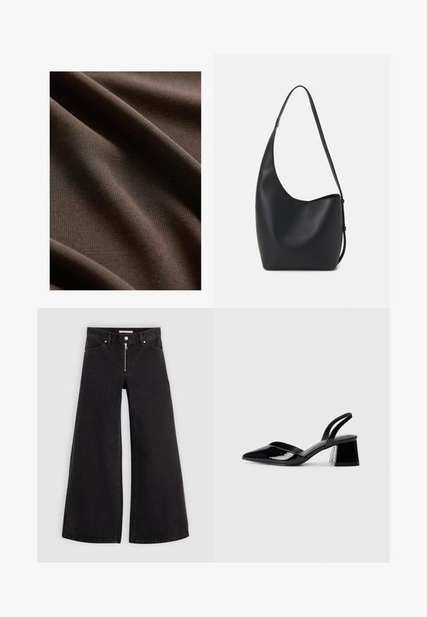 Next REGULAR FIT - SLEEVLESS - Top - chocolate brown; Wijdvallende jeans van zwarte denim met een ritssluiting aan de voorkant, vijf zakken en subtiele stikdetails. Soepele textuur en casual stijl.; Zwarte gepatineerde leren slingback hakken met een spitse neus en een geometrische blokhak. Kenmerkt zich door een slank, minimalistisch ontwerp en een gladde textuur.; Zwarte leren hobo tas met een gladde textuur, kromme vorm en een enkele verstelbare schouderband; heeft een brede opening aan de bovenkant.