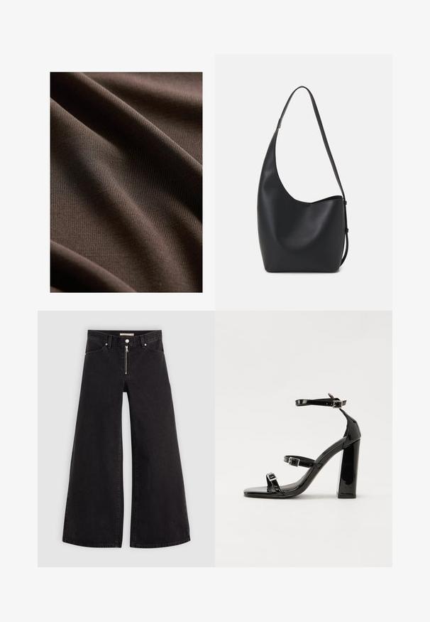 Next REGULAR FIT - SLEEVLESS - Top - chocolate brown; Wijdvallende jeans van zwarte denim met een ritssluiting aan de voorkant, vijf zakken en subtiele stikdetails. Soepele textuur en casual stijl.; Zwarte gepatenteerde sandalen met hak en een vierkante neus, enkelbandjes en zilveren gespen. Heeft een stevige blokhak voor stabiliteit.; Zwarte leren hobo tas met een gladde textuur, kromme vorm en een enkele verstelbare schouderband; heeft een brede opening aan de bovenkant.