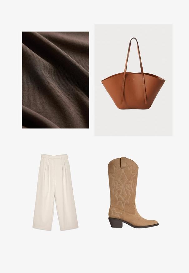 Next REGULAR FIT - SLEEVLESS - Top - chocolate brown; Béžové nohavice s širokými nohavicami a skladkami, s hladkým povrchom a pútkami na opasok. S prevládajúcim strihom, ktorý ponúka voľný strih okolo nôh.; Kovbojská topánka z pieskového semišu s vyšívaným dekoratívnym šitím, stredne vysoký lepený opätok a pútko na štíte.; Hnedá kožená taška na rameno s širokým, štruktúrovaným tvarom, tenkými popruhmi a textúrovaným povrchom. Displej minimalistického dizajnu bez viditeľného hardvéru.