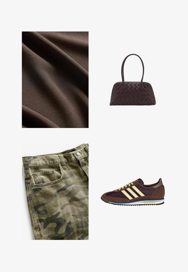 Next REGULAR FIT - SLEEVLESS - Top - chocolate brown; Next Džínové kraťasy - camo print; Hnědé a burgundské tenisky z semiše a síťoviny, s třemi krémovými pruhy, texturovaným materiálem na jazyku a gumovou podrážkou.; Tkaná hnědá kožená kabelka zaobleného tvaru, s dvojitými horními uchy a hladkým povrchem; obsahuje jemné prošívání jako designový detail.