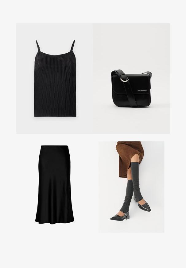 Mustassa camisole-paidassa on pystysuuntainen ribbikuvio, ohuet säädettävät olkaimet ja rento malli. Kankaassa on koko pinnalla kevyt kiilto.; Musta satiinimidi-hame, jossa on sileä pinta, liehuva helma ja mukautuva vyötärö, yksinkertaisella ja klassisella muotoilulla.; Musta lakattu nahkakengät teräväkärkisillä, leveällä kantapäällä ja nilkkahihnalla, yhdistettynä harmaisiin ribattuihin säärystimiin ja ruskeaan mokkasiinimekkoon.; WANT Les Essentiels ARCH CROSSBODY UNISEX - Olkalaukku - black