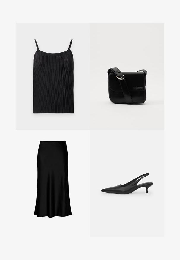 Sort camisole med vertikal ribbet tekstur, tynde justerbare stropper og en løs pasform. Stoffet har en let glans over det hele.; Sort satin midi-nederdel med en glat tekstur, klokkeformet kant og en tætsiddende talje, der har et enkelt, klassisk design.; Sort læder slingback-sko med spids tå og en slank, buet hæl. Har en diskret justerbar rem med en metalspænde.; WANT Les Essentiels ARCH CROSSBODY UNISEX - Skuldertasker - black
