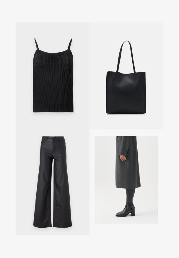 Crna majica na bretele s vertikalnom rebrastom teksturom, tankim podesivim trakama i slobodnim krojem. Tkanina ima blagi sjaj.; Crne široke hlače od umjetne kože. Imaju visoki struk, petlje za remen, dva prednja džepa i šivanu obradu.; Sivi, krojeni kaput ravnog kroja; uparen s crnim kožnim čizmama do koljena koje imaju četvrtasti vrh i debeli potplat.; Crna kožna torba za nošenje s glatkom teksturom, pravokutnim oblikom i dvije duge ručke. Nema vidljivih metalnih dijelova ili ukrasa.