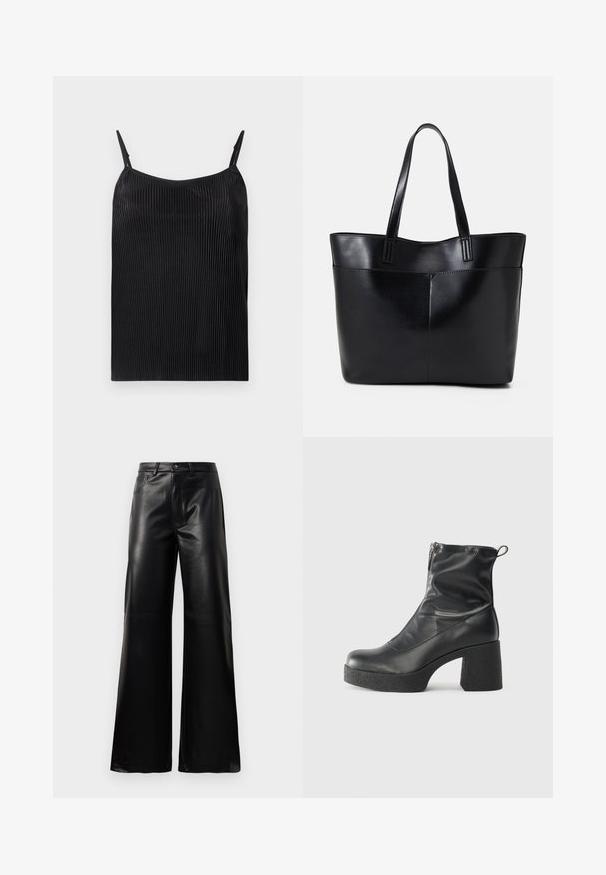 Svart cami med vertikal ribbestruktur, tynne justerbare stropper og løs passform. Stoffet har en svak glans hele veien.; Sorte høy midje vide ben bukser i imitert skinn med knapp foran, glidelås, beltehemper og sidelommer på hvit bakgrunn.; Svarte ankelstøvler laget av glatt lær, med glidelås på siden, chunky strukturert hæl, og rund tå-design.; Svart lær toteveske med to lange håndtak, en glatt tekstur og en strukturert form. Har en frontlomme for ekstra oppbevaring.