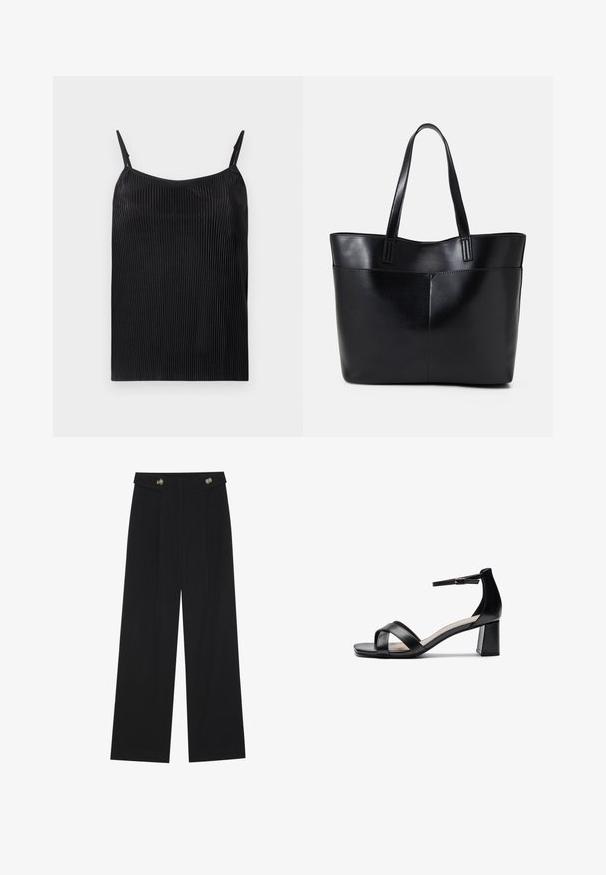 Black camisole featuring vertical ribbed texture, thin adjustable straps, and a loose fit. The fabric has a slight sheen throughout.; Black wide-leg trousers with high waist, button details on waistband, and front pleats.; Black open-toe heeled sandal with crossed straps, adjustable ankle strap, and a chunky heel, featuring a smooth leather texture.; Black leather tote bag with two long handles, a smooth texture, and a structured shape. Features a front pocket for additional storage.