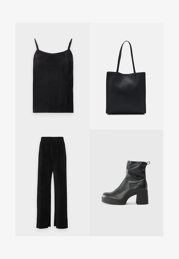 Black camisole featuring vertical ribbed texture, thin adjustable straps, and a loose fit. The fabric has a slight sheen throughout.; Black pleated trousers with an elastic waistband. Features wide legs and a smooth, textured fabric with vertical stripes.; Black ankle boots made of smooth leather, featuring a side zipper, chunky textured heel, and rounded toe design.; Black leather tote bag with smooth texture, rectangular shape, and two long handles. No visible hardware or embellishments.
