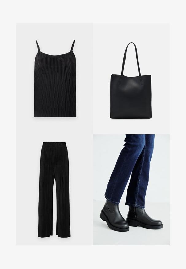 Svart cami med vertikal ribbestruktur, tynne justerbare stropper og løs passform. Stoffet har en svak glans hele veien.; Sorte plisserte bukser med elastisk midje. Har vide ben og et glatt, strukturert stoff med vertikale striper.; Sorte lær ankelsko med en kraftig såle og elastiske paneler på siden, kombinert med mørkeblå jeans. Underlaget er lyst.; Svart lær tote bag med glatt tekstur, rektangulær form og to lange håndtak. Ingen synlige deler eller dekorasjoner.