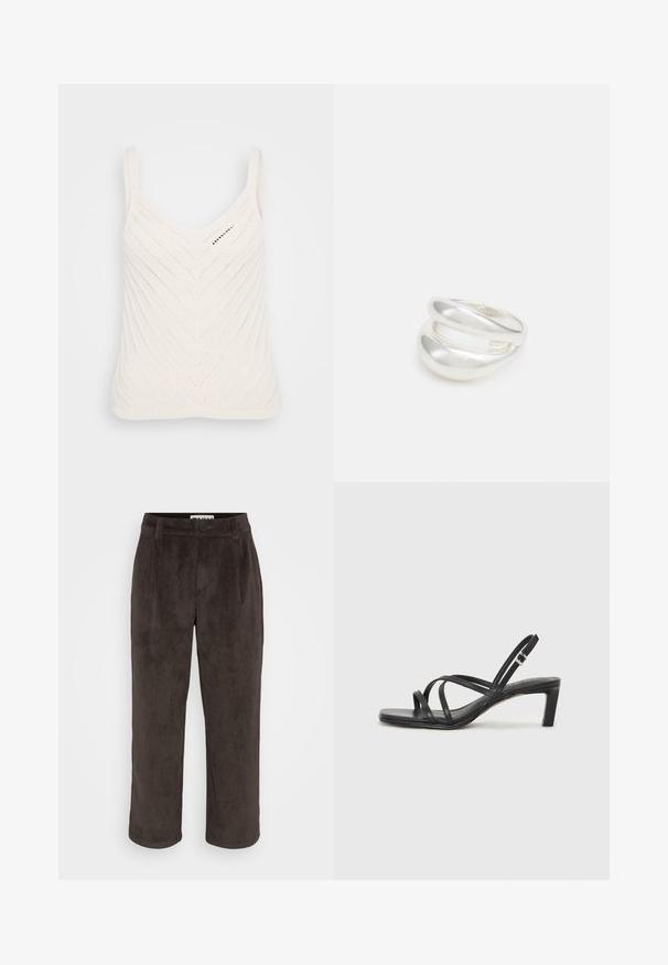 Hvit strikket tanktop med V-hals, med et chevronmønster og tynne stropper. Teksturen er lett og luftig.; Brune corduroy bukser med en lige ben design, subtil tekstur og en frontknaplukning med sidelommer.; Sorte sandaler med stropper, firkantet tå og lav blokk hæl. Har flere tynne stropper og en justerbar ankelstropp. Laget av glatt lær.; Sølv ring med dobbelt bånd og en glatt, polert overflate. Har et flytende, buet design med overlappende seksjoner for et moderne utseende.