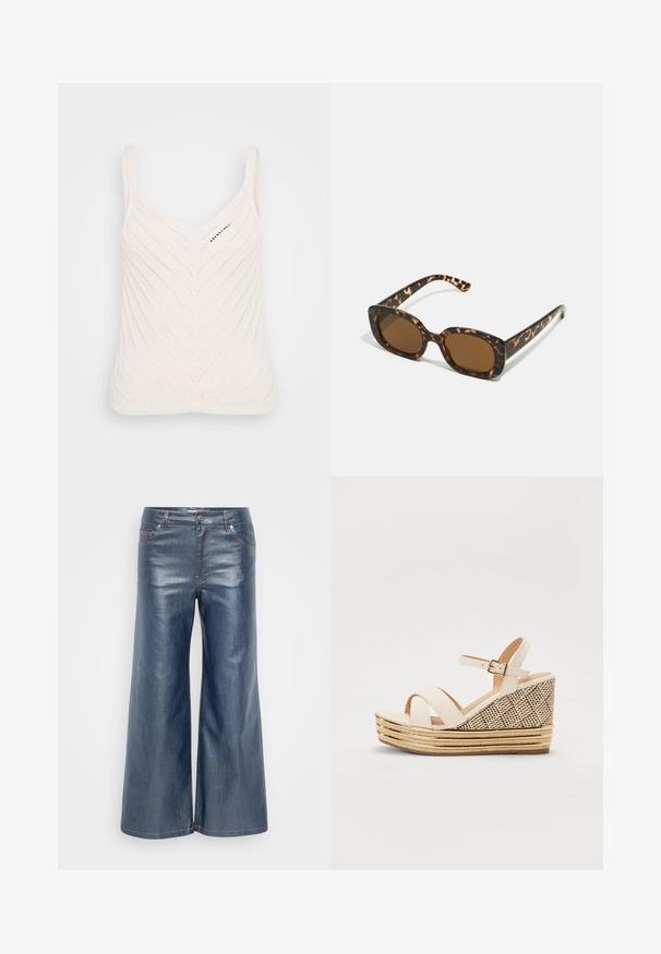 Top de malha branca com decote em V, apresentando um padrão em zigue-zague e alças finas. A textura é leve e arejada.; Calças de denim de pernas largas em azul-escuro, com uma textura suave, design de cinco bolsos e costuras contrastantes. Fecho frontal com botão e fecho éclair.; Sandálias de cunha com parte superior de tecido creme, tira ajustável no tornozelo e salto texturizado trançado com detalhes em dourado e palha em camadas.; Óculos de sol tartaruga com uma armação redonda e robusta e lentes castanhas. Apresenta padrões subtis e hastes direitas e afinadas.